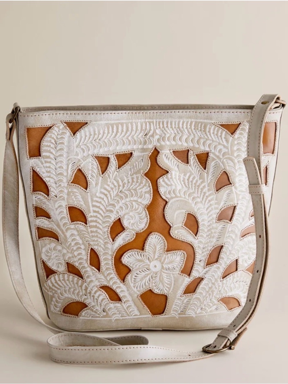Leaders in Leather Handtooled Floral Shoulder Bag | Artisan Two-Tone Crossbody